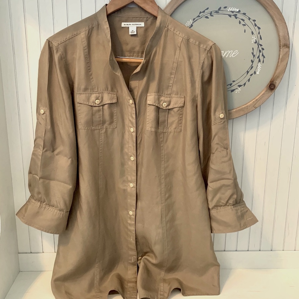Banana Republic Silk Button Down Top Olive Green